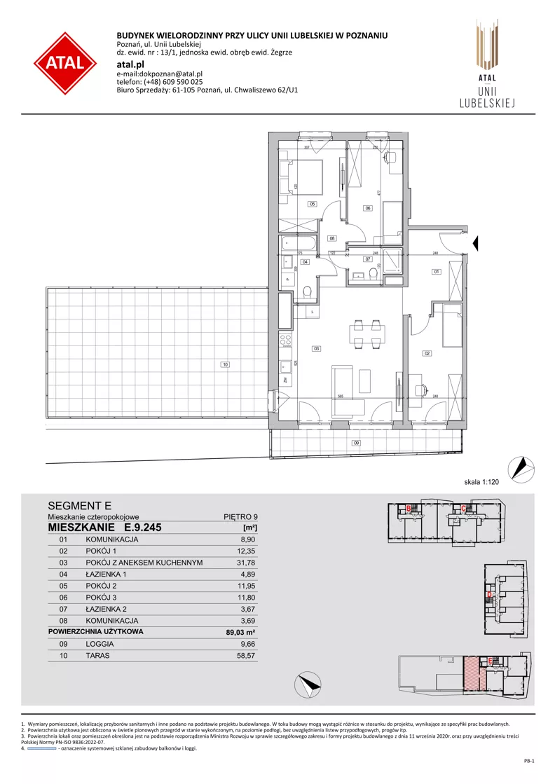 4 pokoje, mieszkanie 89,03 m², piętro 9, oferta nr E.9.245, ATAL Unii Lubelskiej, Poznań, Rataje, Starołęka, ul. Heleny Tadeuszak
