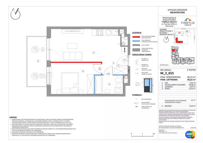 2 pokoje, mieszkanie 39,22 m², piętro 5, oferta nr M_2_015, Fabrica URSUS - Etap B2, Warszawa, Ursus, Szamoty, ul. Henryka Wilka 2