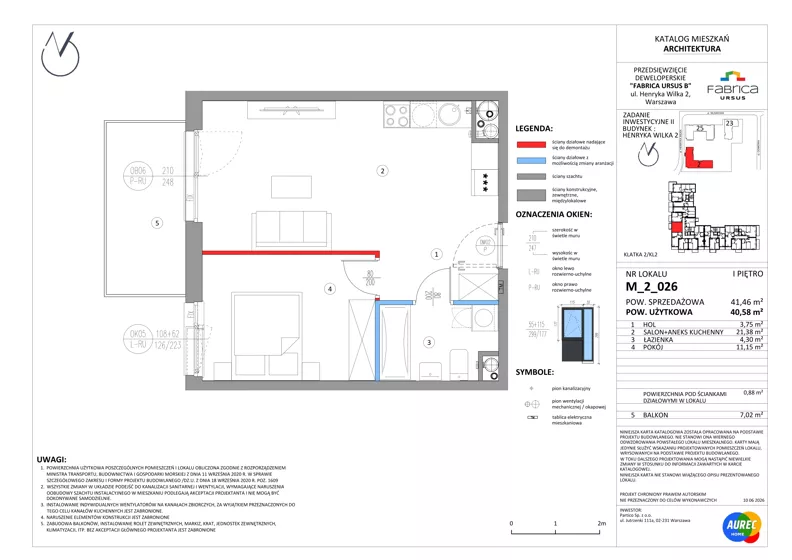 2 pokoje, mieszkanie 40,58 m², piętro 1, oferta nr M_2_026, Fabrica URSUS - Etap B2, Warszawa, Ursus, Szamoty, ul. Henryka Wilka 2