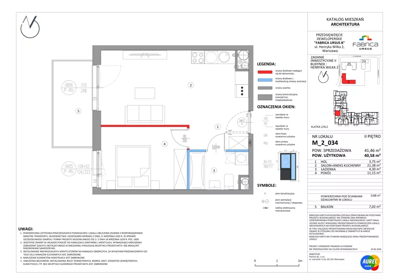 2 pokoje, mieszkanie 40,58 m², piętro 2, oferta nr M_2_034, Fabrica URSUS - Etap B2, Warszawa, Ursus, Szamoty, ul. Henryka Wilka 2