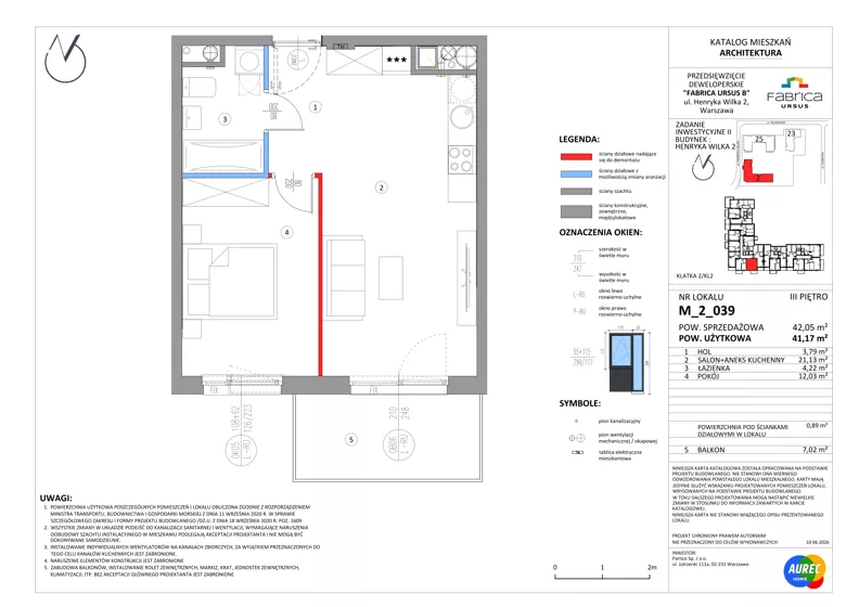 2 pokoje, mieszkanie 41,17 m², piętro 3, oferta nr M_2_039, Fabrica URSUS - Etap B2, Warszawa, Ursus, Szamoty, ul. Henryka Wilka 2