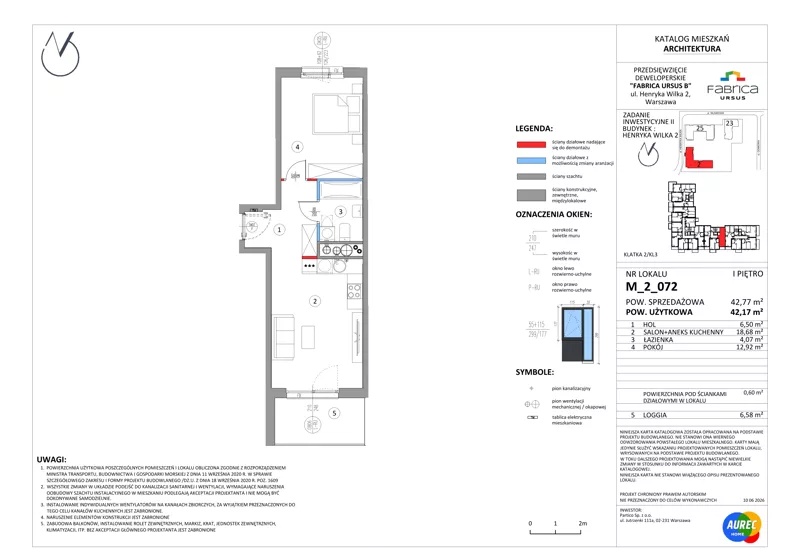 2 pokoje, mieszkanie 42,17 m², piętro 1, oferta nr M_2_072, Fabrica URSUS - Etap B2, Warszawa, Ursus, Szamoty, ul. Henryka Wilka 2