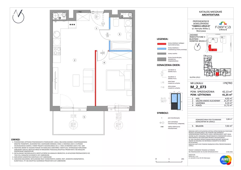 2 pokoje, mieszkanie 41,25 m², piętro 1, oferta nr M_2_073, Fabrica URSUS - Etap B2, Warszawa, Ursus, Szamoty, ul. Henryka Wilka 2