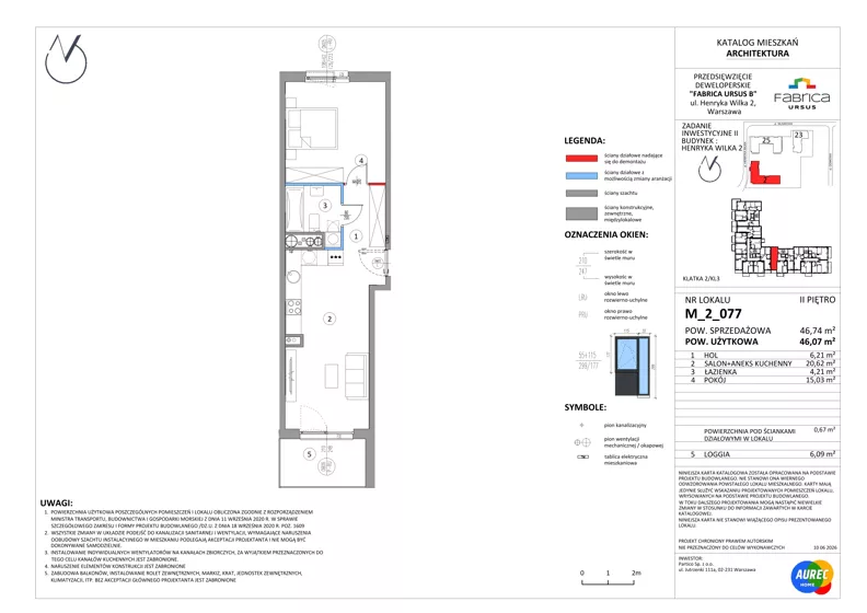 2 pokoje, mieszkanie 46,07 m², piętro 2, oferta nr M_2_077, Fabrica URSUS - Etap B2, Warszawa, Ursus, Szamoty, ul. Henryka Wilka 2