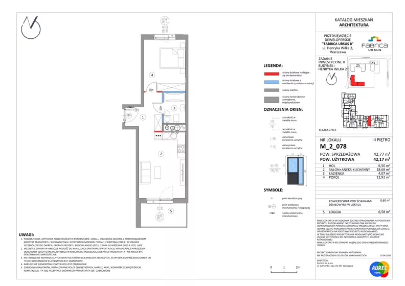 2 pokoje, mieszkanie 42,17 m², piętro 3, oferta nr M_2_078, Fabrica URSUS - Etap B2, Warszawa, Ursus, Szamoty, ul. Henryka Wilka 2