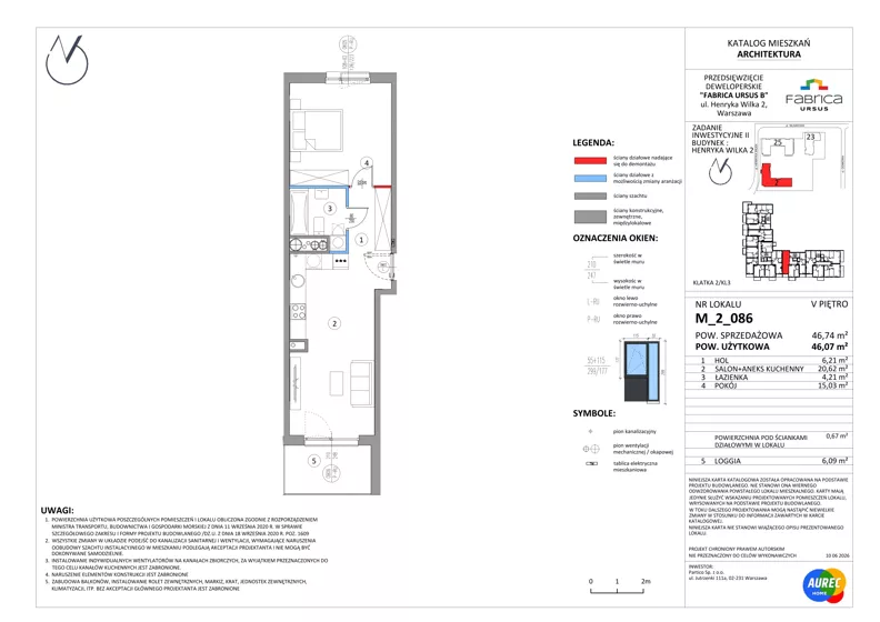 2 pokoje, mieszkanie 46,07 m², piętro 5, oferta nr M_2_086, Fabrica URSUS - Etap B2, Warszawa, Ursus, Szamoty, ul. Henryka Wilka 2