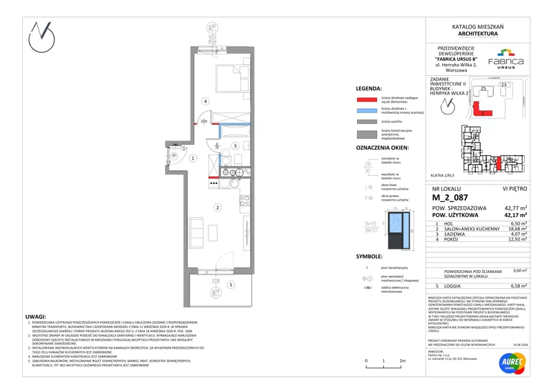 2 pokoje, mieszkanie 42,17 m², piętro 6, oferta nr M_2_087, Fabrica URSUS - Etap B2, Warszawa, Ursus, Szamoty, ul. Henryka Wilka 2