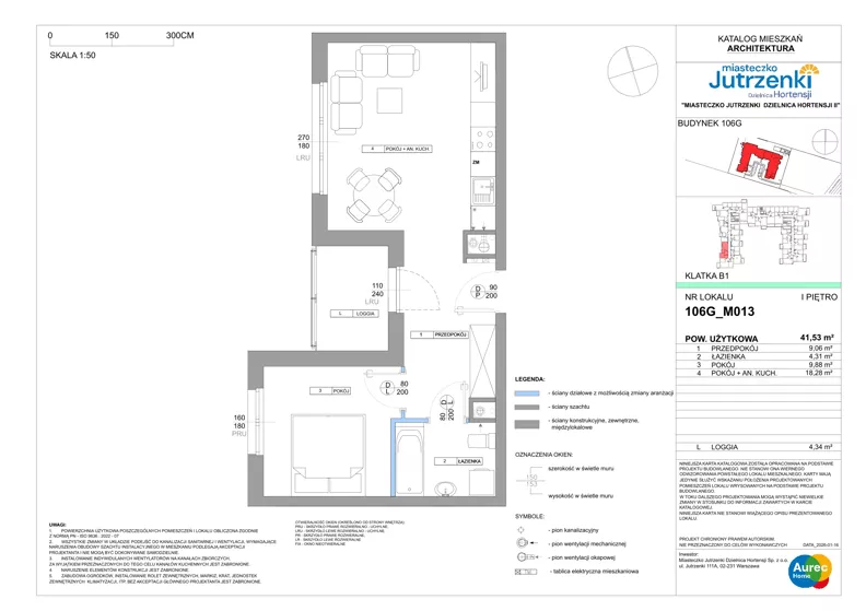 2 pokoje, mieszkanie 41,53 m², piętro 1, oferta nr 106G/M013, Miasteczko Jutrzenki Dzielnica Hortensji - Etap 9, Warszawa, Włochy, ul. Jutrzenki 106G