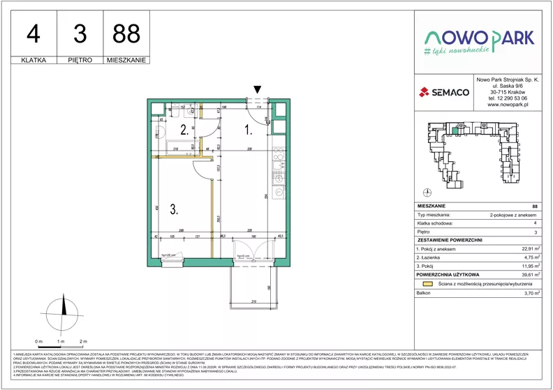 2 pokoje, mieszkanie 39,61 m², piętro 3, oferta nr 88, NowoPark, Kraków, Czyżyny, ul. Sołtysowska/Tomickiego