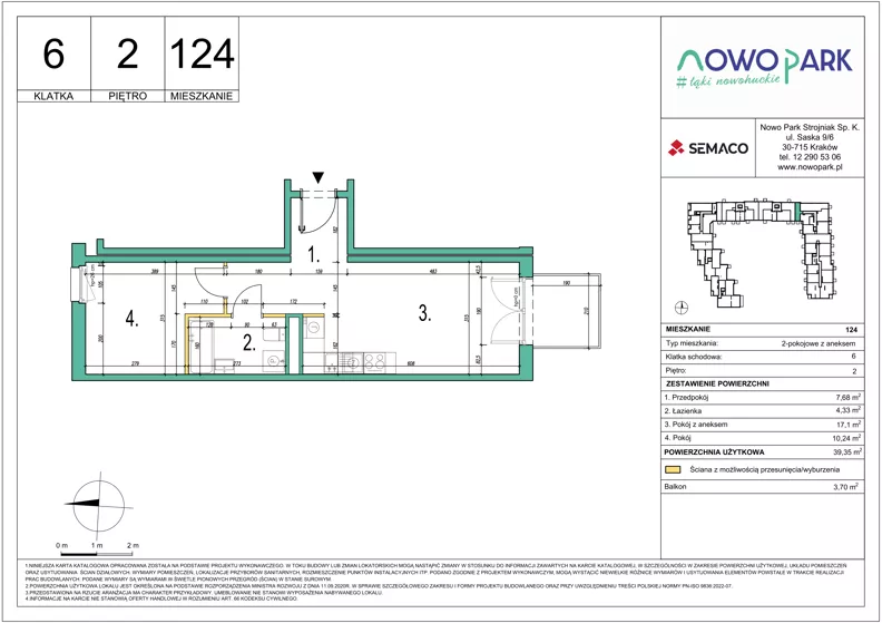2 pokoje, mieszkanie 39,35 m², piętro 2, oferta nr 124, NowoPark, Kraków, Czyżyny, ul. Sołtysowska/Tomickiego