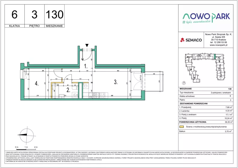 2 pokoje, mieszkanie 39,35 m², piętro 3, oferta nr 130, NowoPark, Kraków, Czyżyny, ul. Sołtysowska/Tomickiego