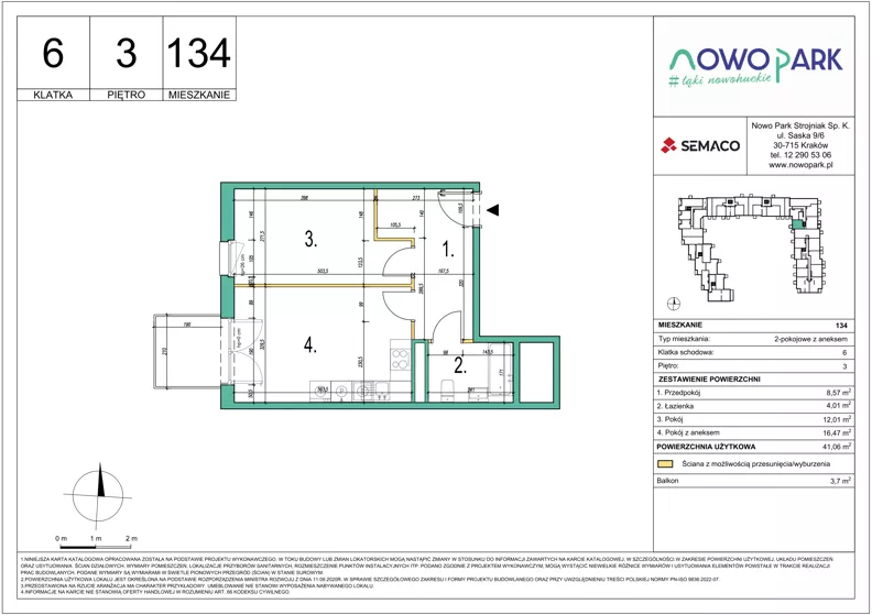 2 pokoje, mieszkanie 41,06 m², piętro 3, oferta nr 134, NowoPark, Kraków, Czyżyny, ul. Sołtysowska/Tomickiego