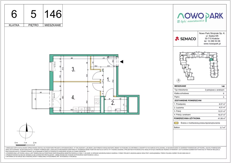 2 pokoje, mieszkanie 41,06 m², piętro 5, oferta nr 146, NowoPark, Kraków, Czyżyny, ul. Sołtysowska/Tomickiego