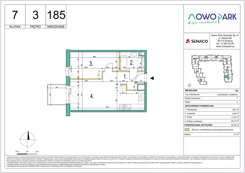 2 pokoje, mieszkanie 42,40 m², piętro 3, oferta nr 185, NowoPark, Kraków, Czyżyny, ul. Sołtysowska/Tomickiego