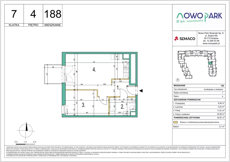 2 pokoje, mieszkanie 45,87 m², piętro 4, oferta nr 188, NowoPark, Kraków, Czyżyny, ul. Sołtysowska/Tomickiego