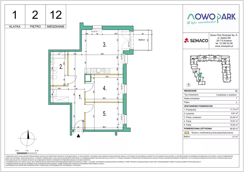 3 pokoje, mieszkanie 60,82 m², piętro 2, oferta nr 12, NowoPark, Kraków, Czyżyny, ul. Sołtysowska/Tomickiego