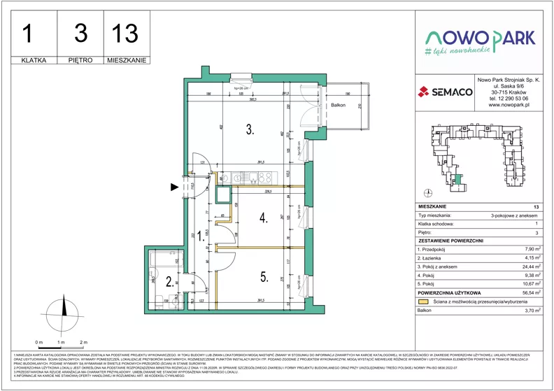 3 pokoje, mieszkanie 56,54 m², piętro 3, oferta nr 13, NowoPark, Kraków, Czyżyny, ul. Sołtysowska/Tomickiego
