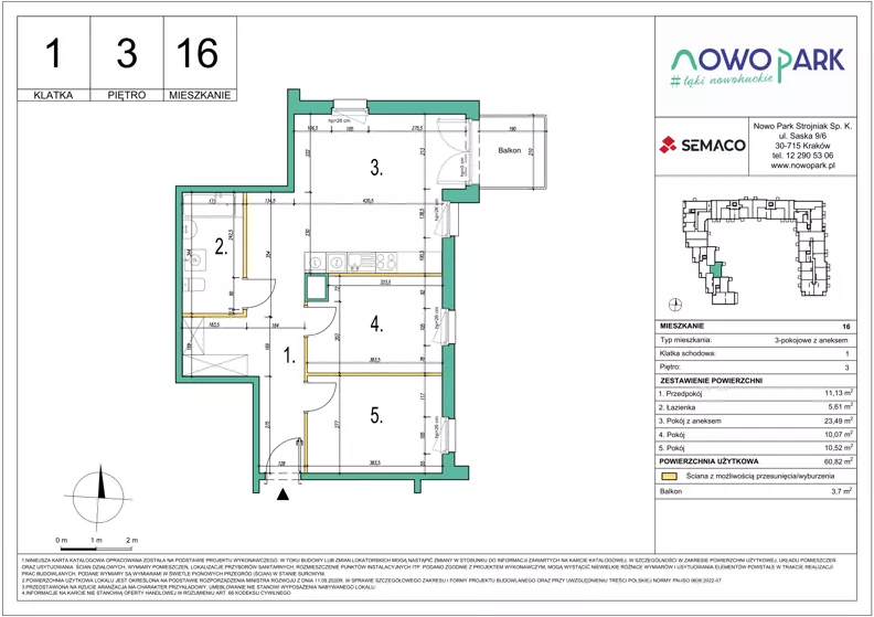 3 pokoje, mieszkanie 60,82 m², piętro 3, oferta nr 16, NowoPark, Kraków, Czyżyny, ul. Sołtysowska/Tomickiego