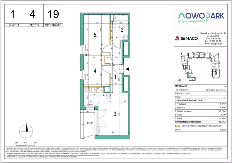 3 pokoje, mieszkanie 50,47 m², piętro 4, oferta nr 19, NowoPark, Kraków, Czyżyny, ul. Sołtysowska/Tomickiego