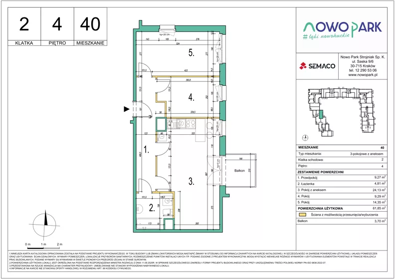 3 pokoje, mieszkanie 61,85 m², piętro 4, oferta nr 40, NowoPark, Kraków, Czyżyny, ul. Sołtysowska/Tomickiego