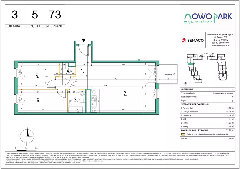 3 pokoje, mieszkanie 72,90 m², piętro 5, oferta nr 73, NowoPark, Kraków, Czyżyny, ul. Sołtysowska/Tomickiego