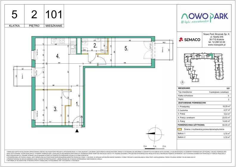 3 pokoje, mieszkanie 64,45 m², piętro 2, oferta nr 101, NowoPark, Kraków, Czyżyny, ul. Sołtysowska/Tomickiego