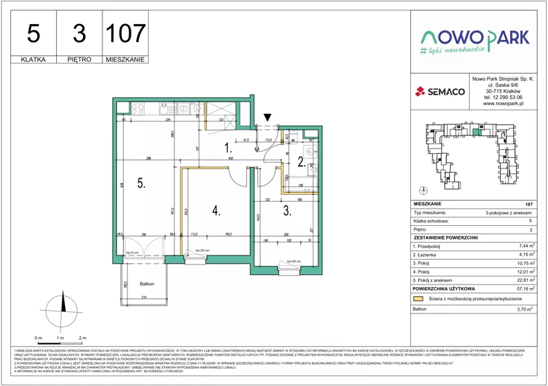 3 pokoje, mieszkanie 57,16 m², piętro 3, oferta nr 107, NowoPark, Kraków, Czyżyny, ul. Sołtysowska/Tomickiego