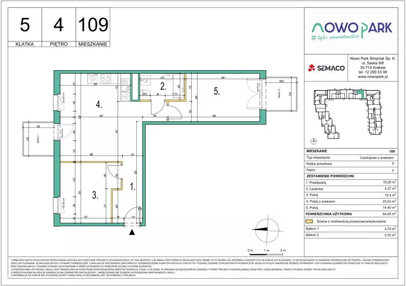 3 pokoje, mieszkanie 64,45 m², piętro 4, oferta nr 109, NowoPark, Kraków, Czyżyny, ul. Sołtysowska/Tomickiego