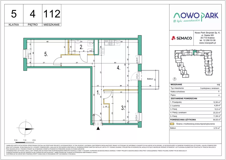 3 pokoje, mieszkanie 64,05 m², piętro 4, oferta nr 112, NowoPark, Kraków, Czyżyny, ul. Sołtysowska/Tomickiego