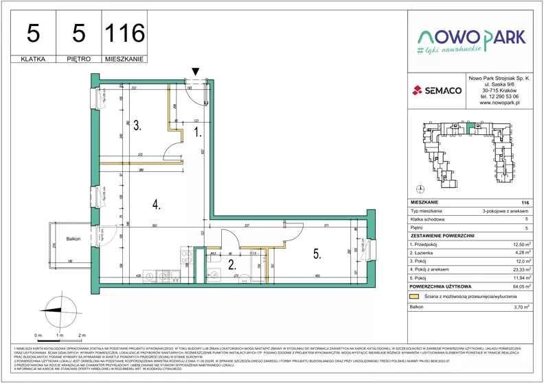 3 pokoje, mieszkanie 64,05 m², piętro 5, oferta nr 116, NowoPark, Kraków, Czyżyny, ul. Sołtysowska/Tomickiego