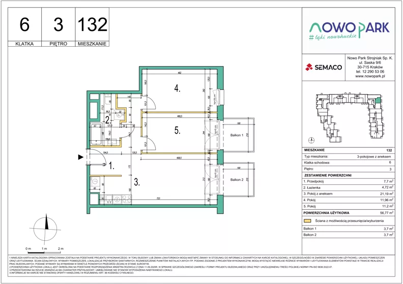 3 pokoje, mieszkanie 56,77 m², piętro 3, oferta nr 132, NowoPark, Kraków, Czyżyny, ul. Sołtysowska/Tomickiego