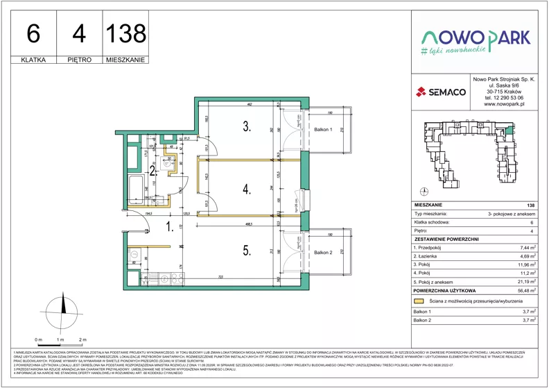 3 pokoje, mieszkanie 56,48 m², piętro 4, oferta nr 138, NowoPark, Kraków, Czyżyny, ul. Sołtysowska/Tomickiego