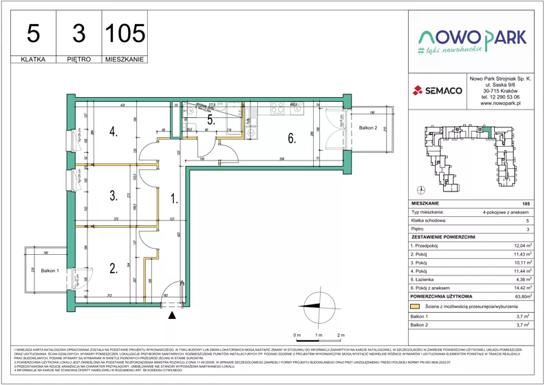 4 pokoje, mieszkanie 63,80 m², piętro 3, oferta nr 105, NowoPark, Kraków, Czyżyny, ul. Sołtysowska/Tomickiego