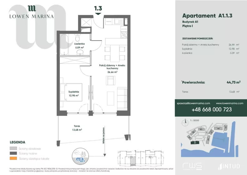 2 pokoje, apartament inwestycyjny 44,69 m², piętro 1, oferta nr A1, Lowen Marina, Giżycko, ul. Świętego Brunona