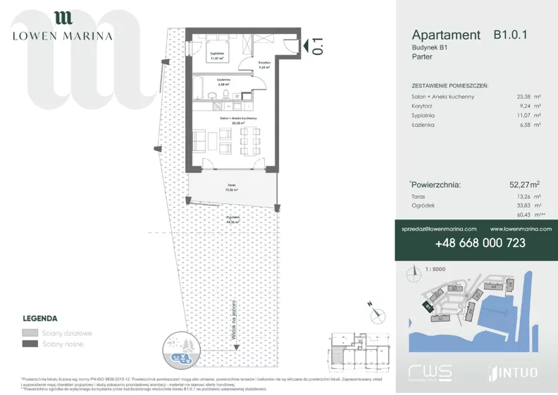 2 pokoje, apartament inwestycyjny 52,27 m², parter, oferta nr B1, Lowen Marina, Giżycko, ul. Świętego Brunona