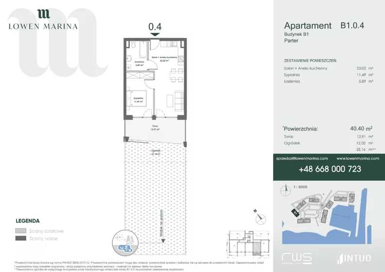 2 pokoje, apartament inwestycyjny 40,40 m², parter, oferta nr B1, Lowen Marina, Giżycko, ul. Świętego Brunona
