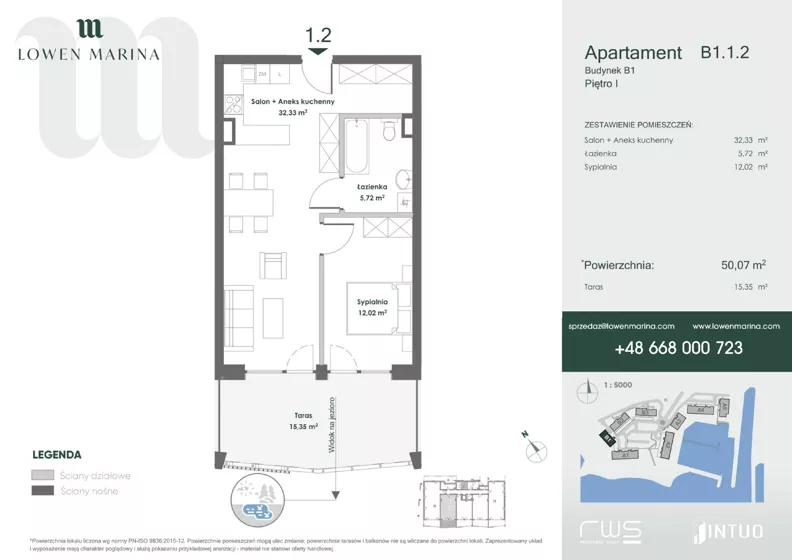 2 pokoje, apartament inwestycyjny 50,07 m², piętro 1, oferta nr B1, Lowen Marina, Giżycko, ul. Świętego Brunona