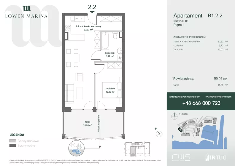2 pokoje, apartament inwestycyjny 50,07 m², piętro 2, oferta nr B1, Lowen Marina, Giżycko, ul. Świętego Brunona