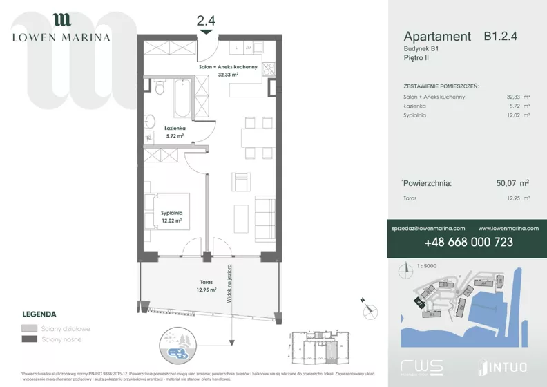 2 pokoje, apartament inwestycyjny 50,07 m², piętro 2, oferta nr B1, Lowen Marina, Giżycko, ul. Świętego Brunona
