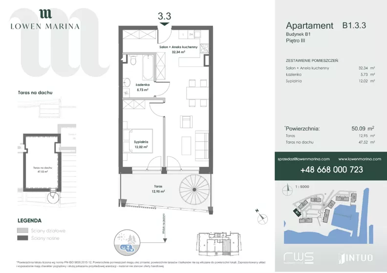 2 pokoje, apartament inwestycyjny 50,09 m², piętro 3, oferta nr B1, Lowen Marina, Giżycko, ul. Świętego Brunona