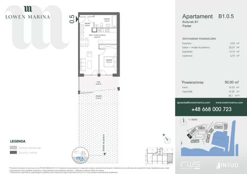 2 pokoje, apartament inwestycyjny 50,00 m², parter, oferta nr B1, Lowen Marina, Giżycko, ul. Świętego Brunona