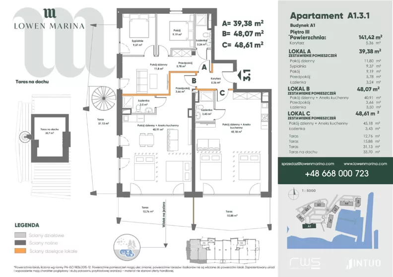 5 pokoi, apartament inwestycyjny 140,63 m², piętro 3, oferta nr A1, Lowen Marina, Giżycko, ul. Świętego Brunona