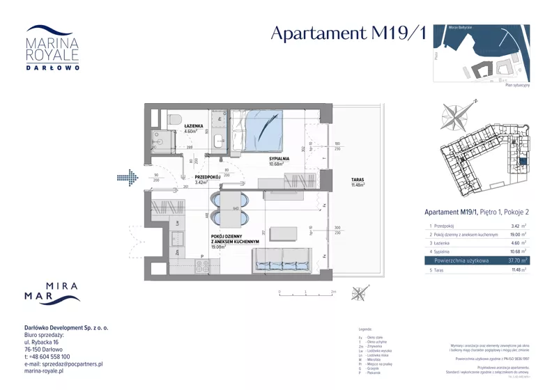 2 pokoje, lokal inwestycyjny 37,64 m², piętro 1, oferta nr M19/1, Marina Royale, Darłowo, ul. Bulwar Zachodzącego Słońca 1