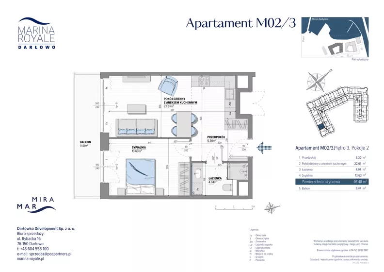 2 pokoje, lokal inwestycyjny 46,49 m², piętro 3, oferta nr M02/3, Marina Royale, Darłowo, ul. Bulwar Zachodzącego Słońca 1