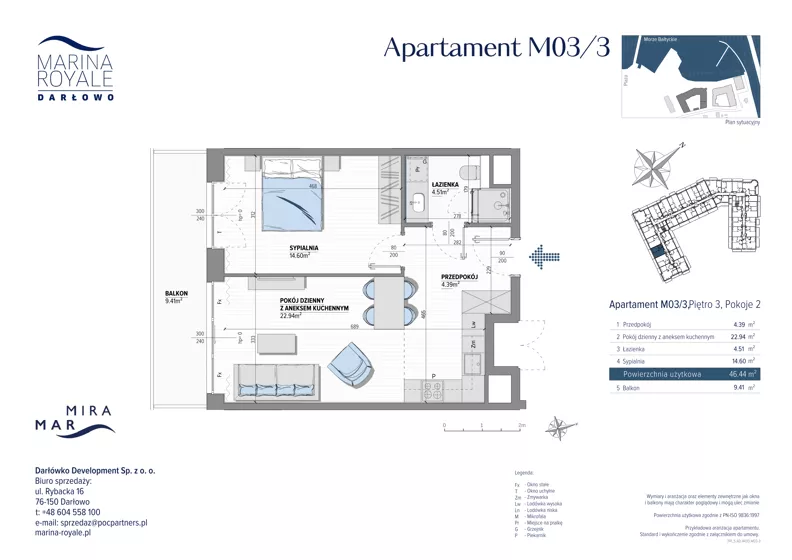 2 pokoje, lokal inwestycyjny 46,45 m², piętro 3, oferta nr M03/3, Marina Royale, Darłowo, ul. Bulwar Zachodzącego Słońca 1