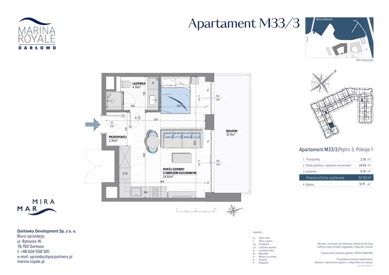 1 pokój, lokal inwestycyjny 32,03 m², piętro 3, oferta nr M33/3, Marina Royale, Darłowo, ul. Bulwar Zachodzącego Słońca 1