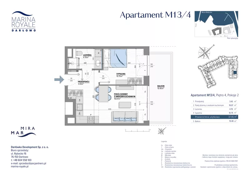 2 pokoje, apartament 37,95 m², piętro 4, oferta nr M13/4, Marina Royale, Darłowo, ul. Bulwar Zachodzącego Słońca 1