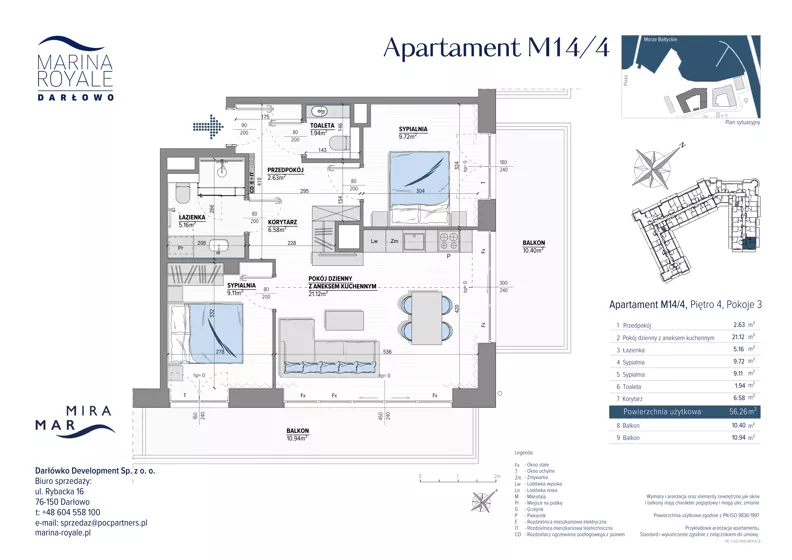 3 pokoje, lokal inwestycyjny 56,26 m², piętro 4, oferta nr M14/4, Marina Royale, Darłowo, ul. Bulwar Zachodzącego Słońca 1