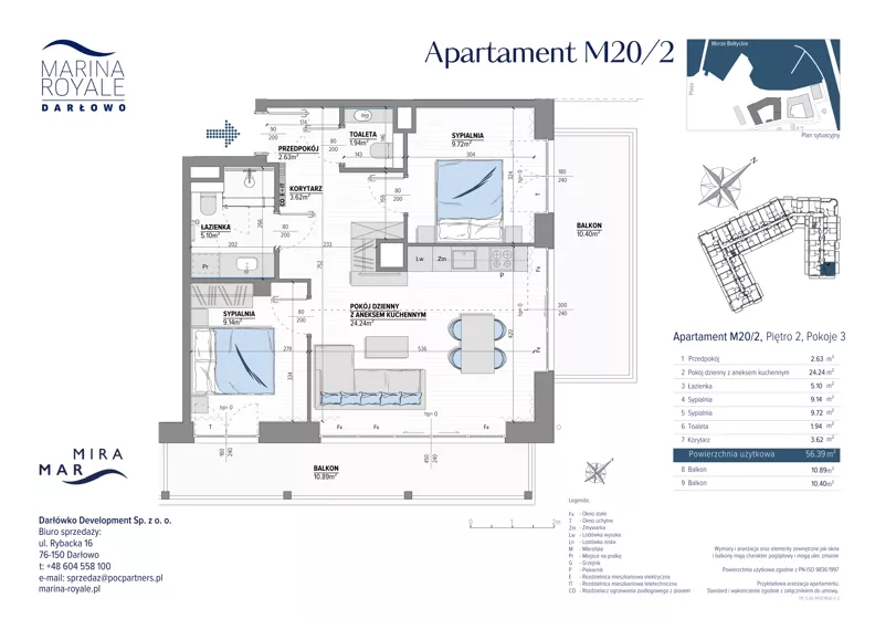 3 pokoje, lokal inwestycyjny 56,39 m², piętro 2, oferta nr M20/2, Marina Royale, Darłowo, ul. Bulwar Zachodzącego Słońca 1