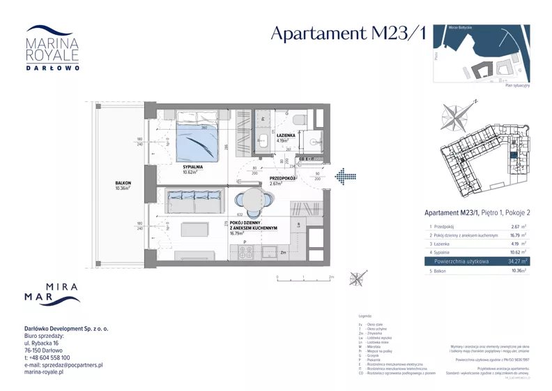 2 pokoje, lokal inwestycyjny 34,27 m², piętro 1, oferta nr M23/1, Marina Royale, Darłowo, ul. Bulwar Zachodzącego Słońca 1